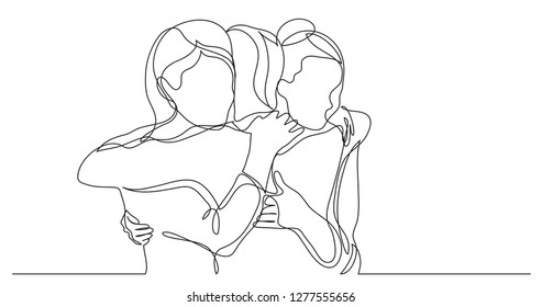 three female friends greeting hugging each other    one line drawing