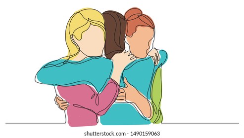 three female friends greeting hugging each other - one line drawing