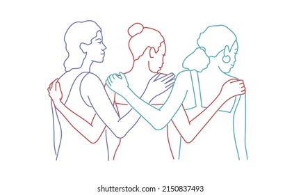 Tres amigas se abrazan. Ilustración vectorial dibujada a mano. Línea de color.