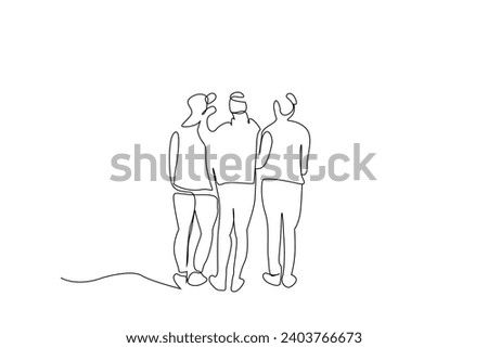 three female friends hugging together happy outside back behind view one line art design