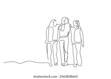 three female friends hugging walking outside one line art design vector