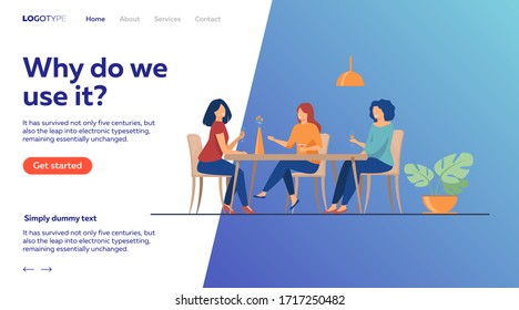 Three female friends sitting in cafe at lunch and talking flat vector illustration. Women hanging out together. Friendship and communication concept.
