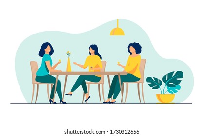 Three female friends sitting in cafe at lunch and talking flat vector illustration. Women hanging out together. Friendship and communication concept.