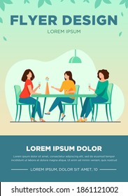 Tres amigas sentadas en un café a la hora de almorzar y hablando de ilustración vectorial plana. Mujeres saliendo juntas. El concepto de amistad y comunicación.