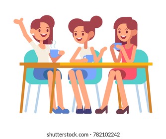 Three female friends sitting in a cafe and have fun. Flat style, vector illustration.