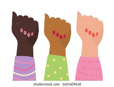 Three female hands in colorful blouses are raised up. Women of different nationalities together. Concept of feminism, symbol of women's rights. Girl power. Happy womens day banner. Comic illustration