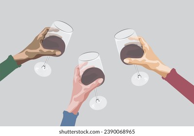 Three female hands holding glasses of red wine and cheering with them