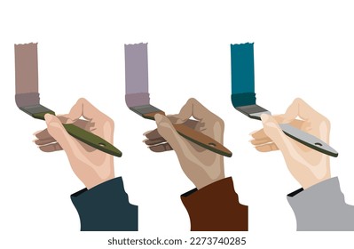 Three female hands holding and painting with different paints white wall