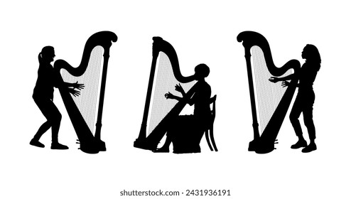 Three female harpists with harps vector silhouettes.	