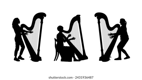 Three female harpists with harps vector silhouettes.	