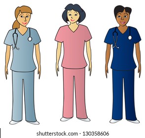 Three female health care professionals wearing scrubs of various common colors.