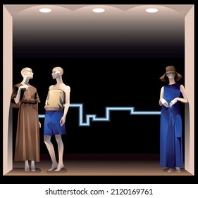 Three female mannequins in beautiful fashionable clothes stand in the window of a women's clothing store. Vector illustration