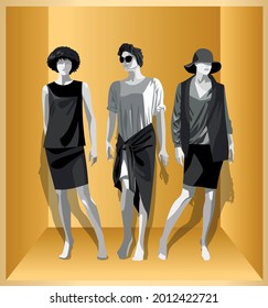 Three female mannequins in black and white clothes with beautiful folds and draperies on a yellow and gold background. Mannequins wear hats, glasses, a scarf, a skirt. Vector illustration.