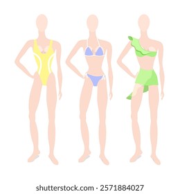 Three female mannequins in swimsuits, isolated on a white background.Vector illustration of models for summer designs.