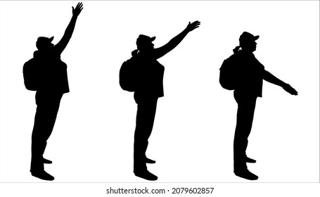 Three female silhouettes stand one after the other in one line. The woman raises hand up, higher and higher. Black silhouette isolated on white. Woman in a cap with a backpack on her back. Side view. 