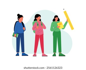 three female students are standing side by side one of them carrying a large pencil and holding a book
design, vector, illustration