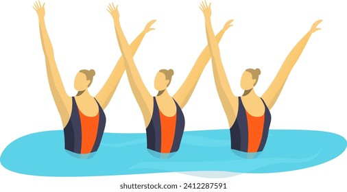 Tres mujeres nadadoras sincronizadas levantando brazos en la piscina. Los atletas en ropa de baño realizan ballet de agua. Trabajo en equipo en la ilustración vectorial de deportes acuáticos.