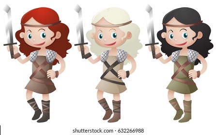 Three female warriors holding swords illustration