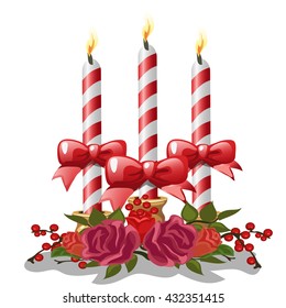Three festive candles with ribbons and dried flowers. Vector illustration.