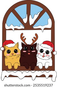 Three  Festive Cats in Santa Hats by the Window. Art and Illustration