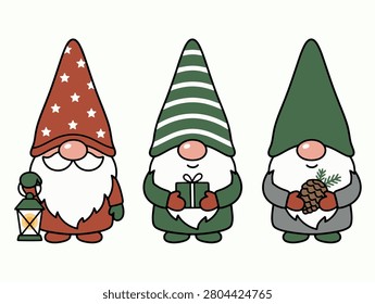 Three festive Christmas gnomes standing together with cheerful expressions holding lantern gift and pinecone in cozy holiday scene