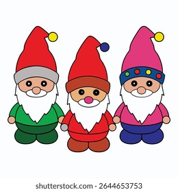 Three festive gnomes stand together, each wearing a tall hat and holding glowing Christmas lights, spreading holiday cheer with their cozy, whimsical charm.
,