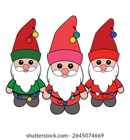 Three festive gnomes stand together, each wearing a tall hat and holding glowing Christmas lights, spreading holiday cheer with their cozy, whimsical charm.
,