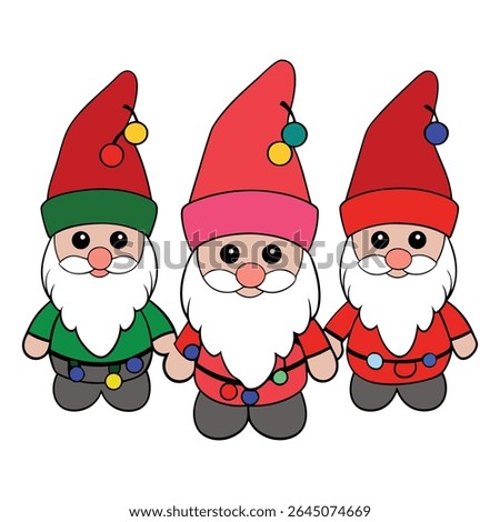 Three festive gnomes stand together, each wearing a tall hat and holding glowing Christmas lights, spreading holiday cheer with their cozy, whimsical charm.
,