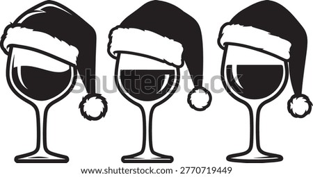Three festive wine glasses in silhouette wearing Santa hats with pompoms.