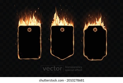 Three fiery frames of different shapes on a dark background. Special effect of transparent smoke. Very realistic illustration.