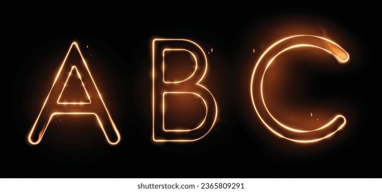 Three fiery letters ABC with a transparency effect on a black background. Highly realistic illustration.