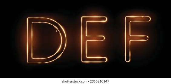 Three fiery letters DEF with a transparency effect on a black background. Highly realistic illustration.