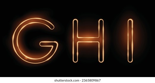 Three fiery letters GHI with a transparency effect on a black background. Highly realistic illustration.