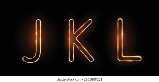Three fiery letters JKL with a transparency effect on a black background. Highly realistic illustration.