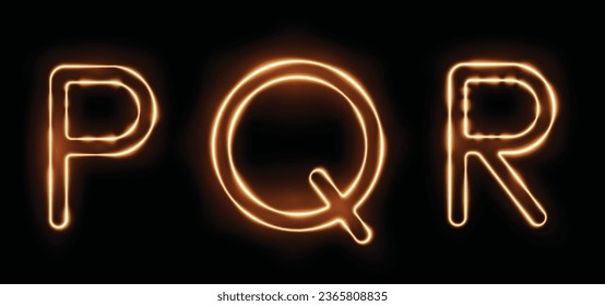 Three fiery letters PQR with a transparency effect on a black background. Highly realistic illustration.