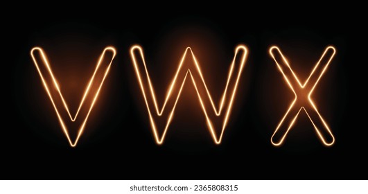 Three fiery letters VWX with a transparency effect on a black background. Highly realistic illustration.