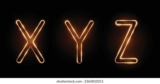 Three fiery letters XYZ with a transparency effect on a black background. Highly realistic illustration.