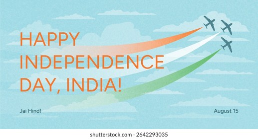Three Fighter Jets in Blue Sky Creating Tricolor Saffron White Green Trails. Text Happy Independence Day India. August 15 Celebration. Flat Vector Illustration for Poster, Web, Greeting.
