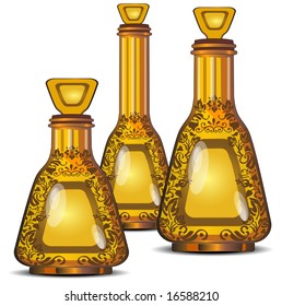Three figured bottles from decorative glass for perfumery, vector illustration