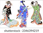 Three figures in ancient Japanese national costumes