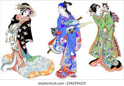 Three figures in ancient Japanese national costumes