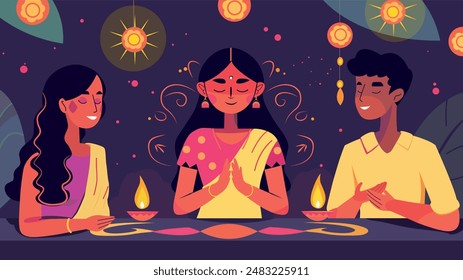 Three figures, bathed in warm light, sit in serene meditation postures on colorful yoga mats. Ornate diyas and vibrant rangoli patterns decorate the space, reflecting the joyous spirit of Diwali.