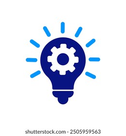 Three figures in dark blue behind a large blue gear, symbolizing teamwork and collaboration, abstract geometric design, minimalistic style, focus on technology and cooperation, white background, clean