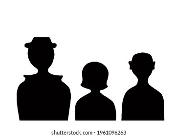three figures of different sizes and genders, one with a hat
