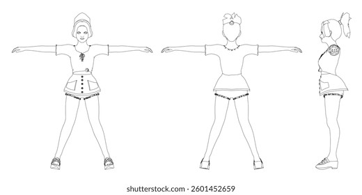 Three figures of female are shown in a line. Front, back, side view.