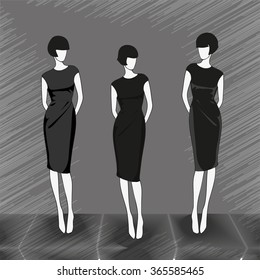 Three figures of girls in black dresses and black hair. Slim woman vector illustration.