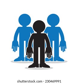 Three figures in a group with one standout in black silhouette 