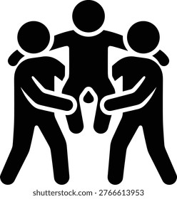 Three figures hold a central object together in a group pose. Two parents holding their young child up in the air with love and support