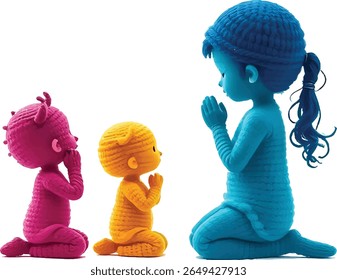 Three figures are kneeling in prayer. The figures are colored blue, pink, and yellow. They are facing forward with their hands together. The background is white and bright.
