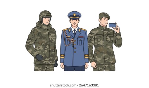 Three figures in military and formal attire showcasing different uniforms